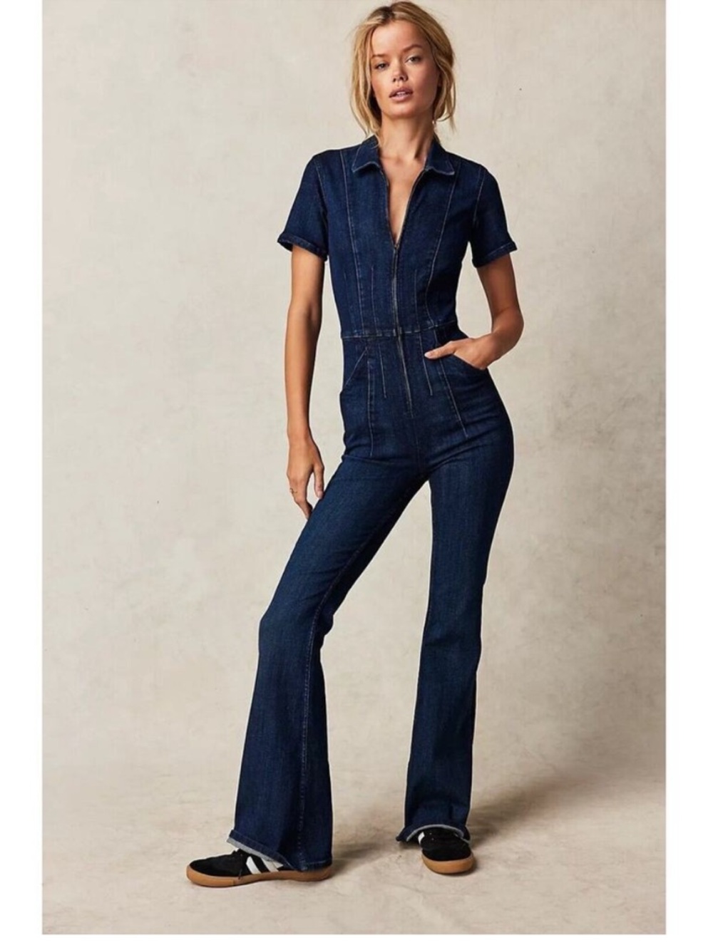 Free People Dark Blue Denim Short Sleeve Jumpsuit